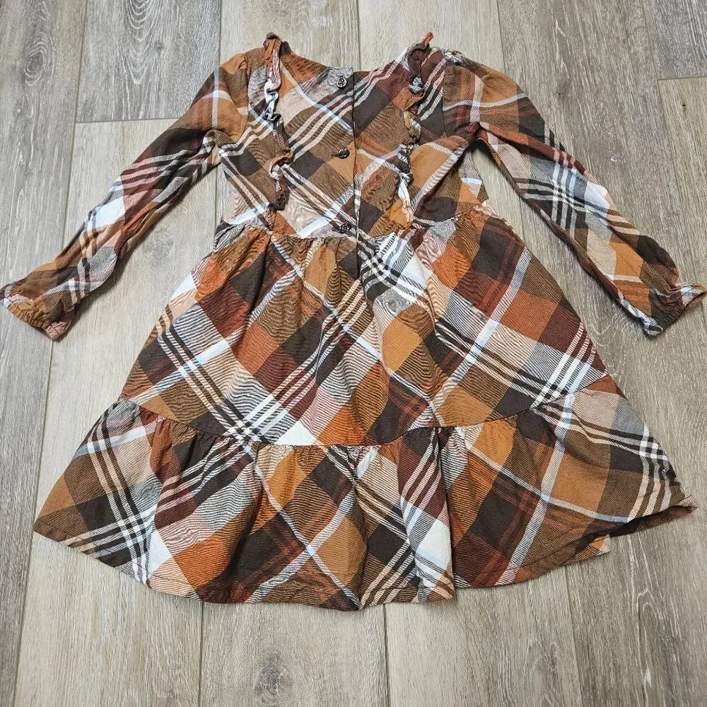 Gymboree Dip 2 Dress Bundle Plaid Ruffles Long Sleeve Girls Toddlers 4T Brown